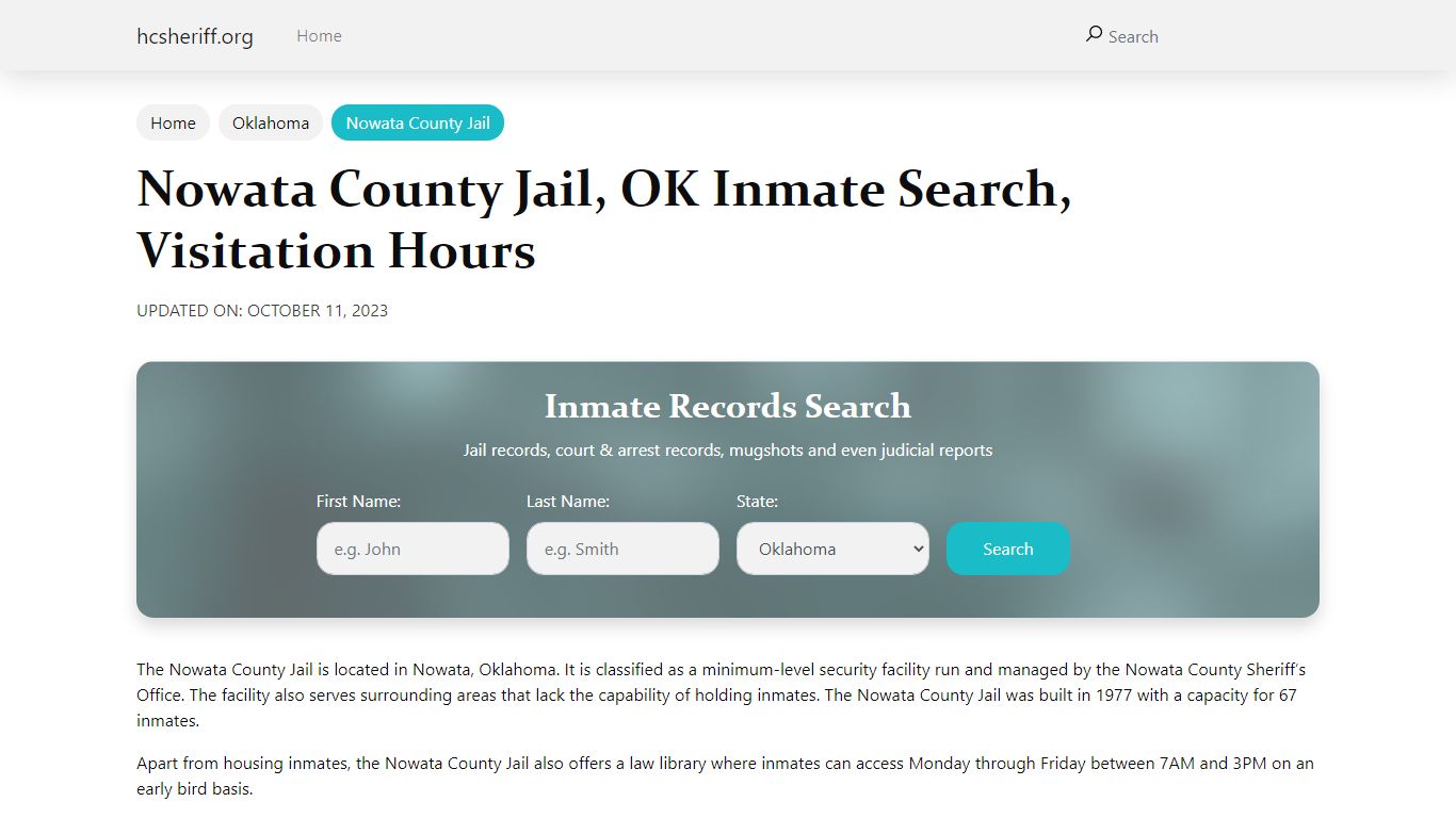 Nowata County Jail, OK Inmate Search, Visitation Hours